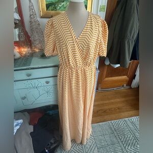 PRETTYGARDEN Chevron Patterned Gold Maxi Dress With Sash XL Summer Flowy NWT